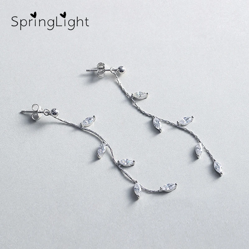 

SpringLight Forest Olive Leaf Earrings Real 925 Silver Fine Jewelry Bright Zircon Plant Long Tassel Drop Earrings for Women Gift