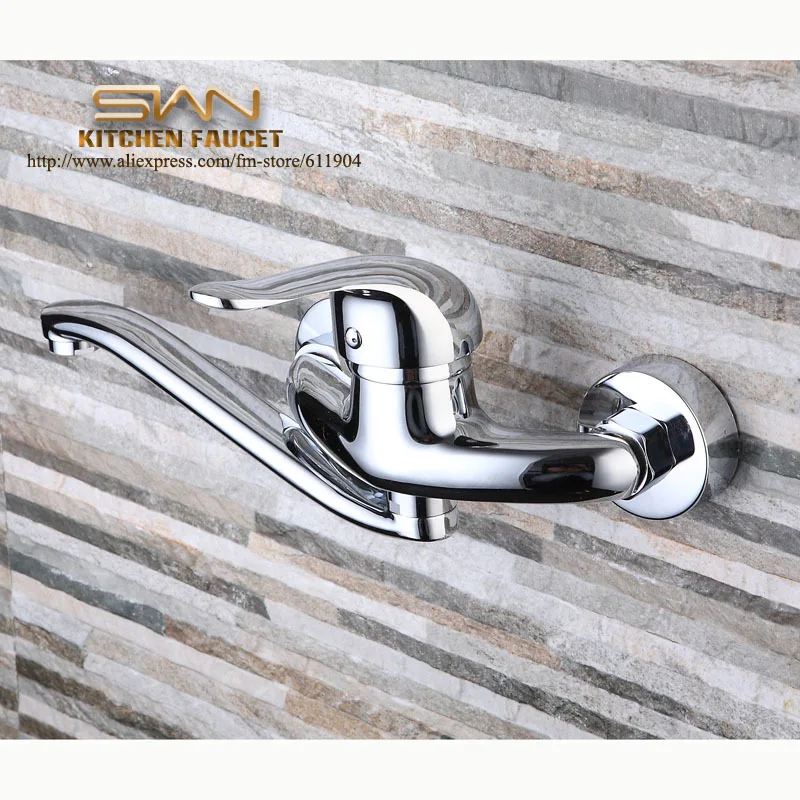 Hot Sale Chrome Brass Wall Mounted  Kitchen Sink Faucet Mixer Tap Swivel Spout 2131181