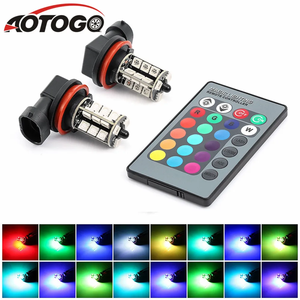 

Car led Lights RGB Fog Lamps for Auto 27SMD Colorful Fog Lights For Niva H11 Lamps with Remote Control Flash Strobe 16 Models