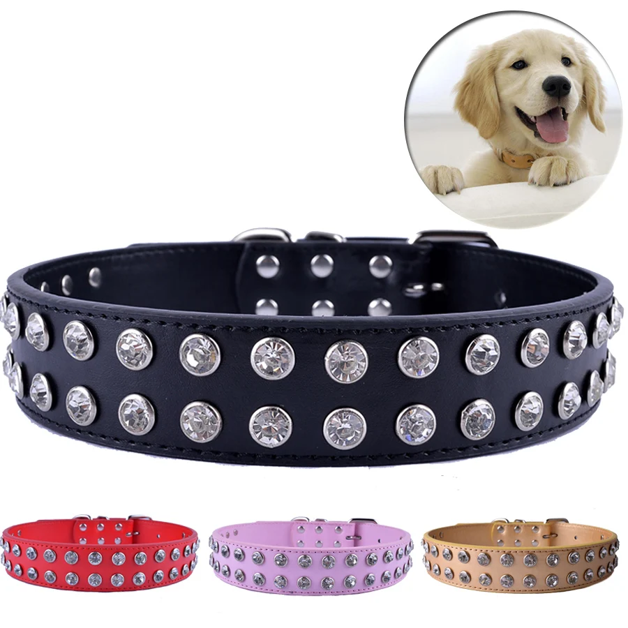 

Clear Rhinestones Diamante Collar Pu Leather Dog Collars For Big Dogs Crystal Studded Pet Puppy Neck Strap Size L XL