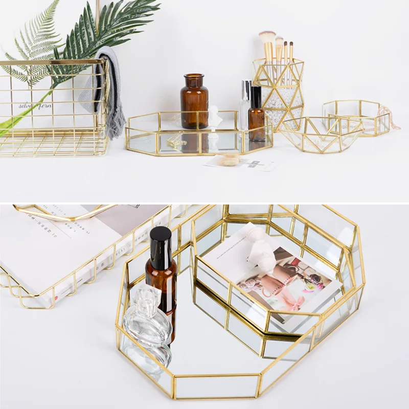 

Simple Glass Copper Geometry Storage Basket Home Organizer for Jewelry Cosmetics P7Ding