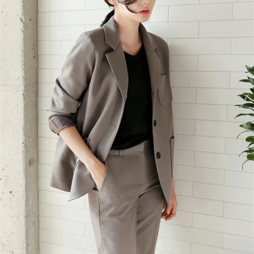 High Quality Long Slim Pant Female New Blazers Suit Solid gray Simple Women Pants Suits 2 Piece Sets Fall New Arrival S87404X High Quality Long Slim Pant Female New Blazers Suit Solid gray Simple Women Pants Suits 2 Piece Sets Fall New Arrival S87404X