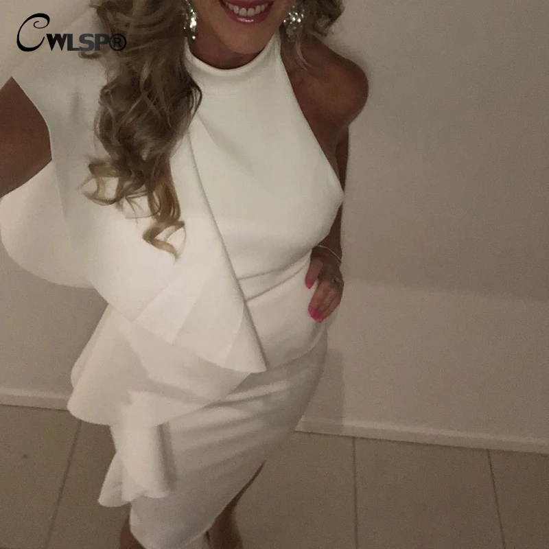 CWLSP White One Shoulder Knee-Length Summer Woman Dress Split Slim Dresses High Waist Backless vestidos verano 2018 QL4154
