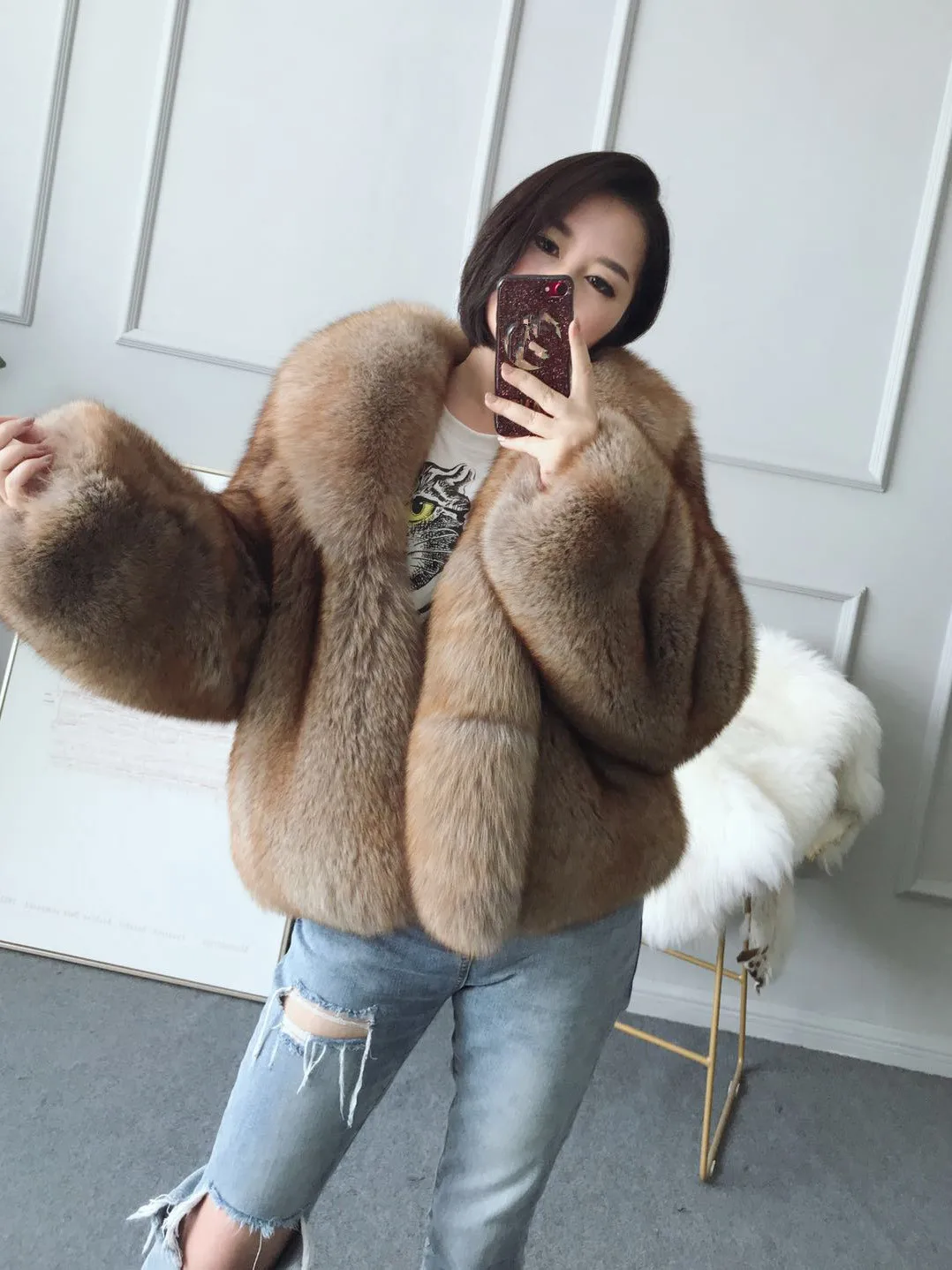

2018 new women big fur collar whole skin fox fur grass coat outwear