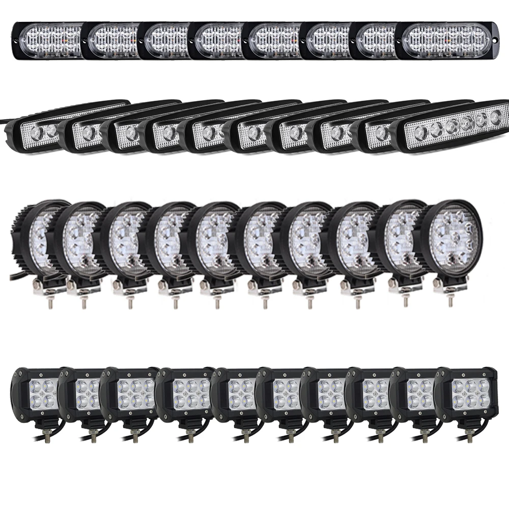 

Wholesale 8PCS 36W Amber Strobe Side Light +10PCS 4" 27W Spot Round LED Work Light+10PCS 18W LED Spot Light+10 PCS 18W Led Bar