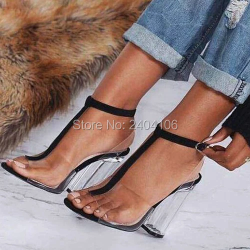 

T-Strap Peep Toe PVC Transparent Summer Shoes Woman 9cm Crystal High Heels Sandalias Mujer Sexy Perspex Block Heel Clear Sandals