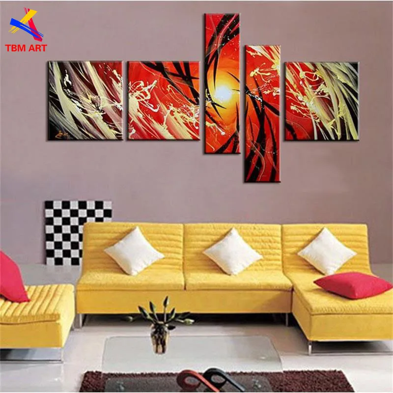 5 Panels Canvas Set Red Color Handmade Abstract Oil Painting on Canvas