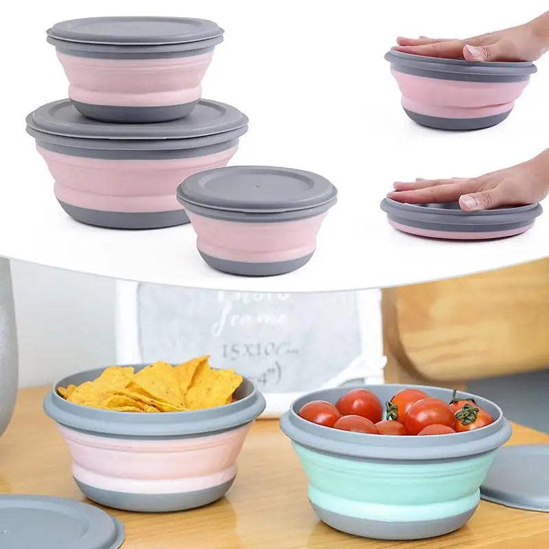 

3pcs/Set Portable Outdoor Silicone Folding Bowl Set with Sealed Lid Lunch Box Foldable Sealing Salad Bowls for Picnic Camping