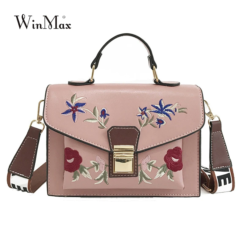 

Chic Floral Embroidery Handbags Women Luxury Hasp Designer Shoulder Clutch Messenger Crossbody Bag Wide Strap Bolsa Feminina
