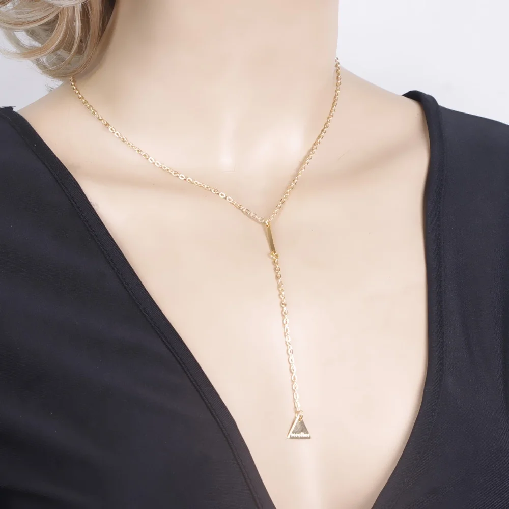 

2 PCs Simple Style Triangle Long Tassel Pendant Chain Golden Color Necklace Fashion Women Geometric Choker Jewelry Gift