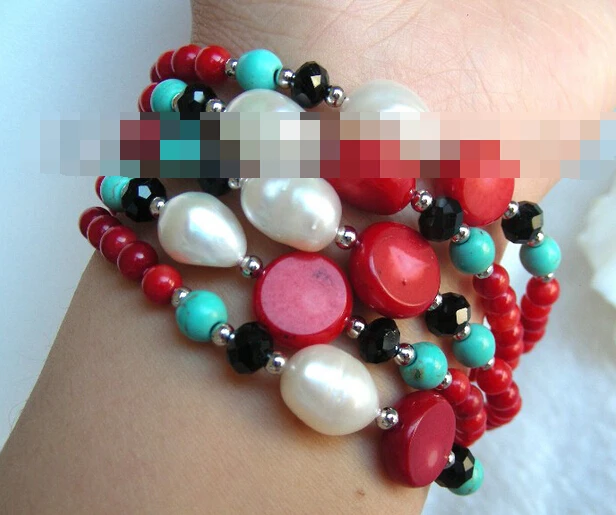 

09743 Amazing red round coral &white natural pearls bracelet