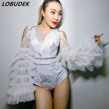 

Nightclub Female Singer Jazz Modern Dance Stage Costumes White Lace Sexy Bodysuit Perspective Clothing Party DJ DS Performance