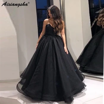 

Black Evening Dress Sweetheart A Line Floor Length Cheap Prom Gowns High Quality Organza Party Dresses robe de soiree