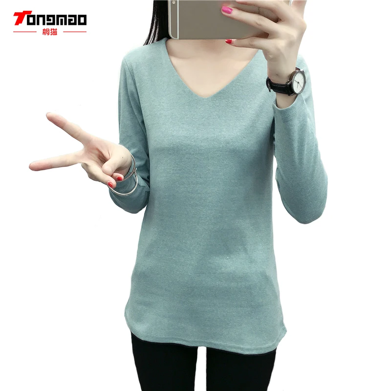 Large Size Fashion Casual Cotton V-neck Long-sleeved T-shirt Slim Brushed Primer Shirt 2016 Winter Women