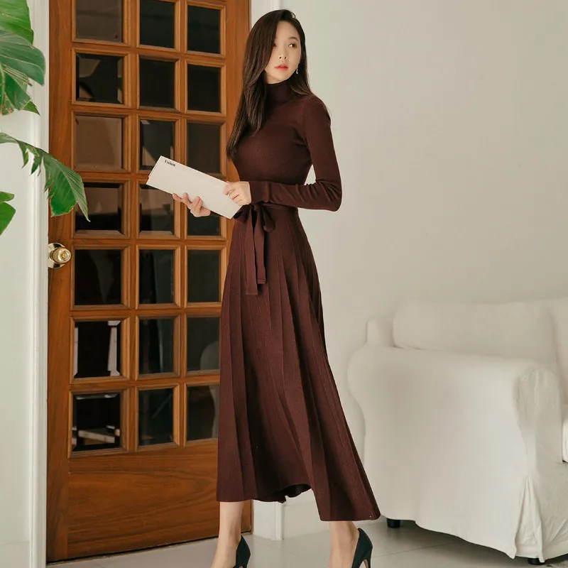 Зимнее женское теплое платье-свитер с длинным рукавом и высоким воротником, плиссированное облегающее Повседневное трикотажное платье, черные, винно-красные платья