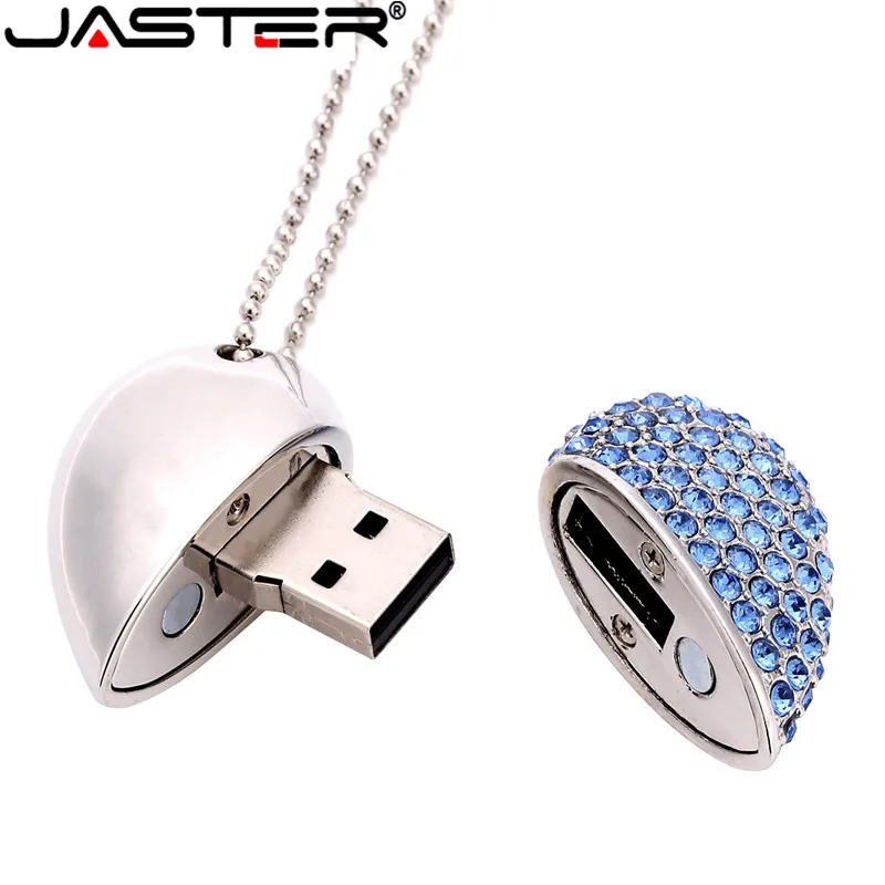 JASTER металлический алмазный USB флеш-накопитель в форме сердца с цепочкой Флешка 4 ГБ 8 ГБ 16 ГБ 32 ГБ 64 ГБ ожерелье карта памяти