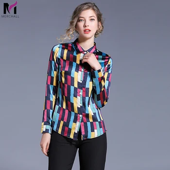 

Banulin Work Blouse Women 2019 New Spring Long Sleeve Bow Turn Down Collar Print Color Block Office Casual Runway Shirts