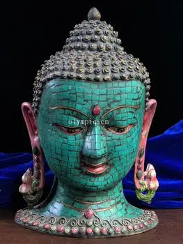 

12'' Nepal tibet bronze gold inlay Turquoise coral gem Sakyamuni buddha head
