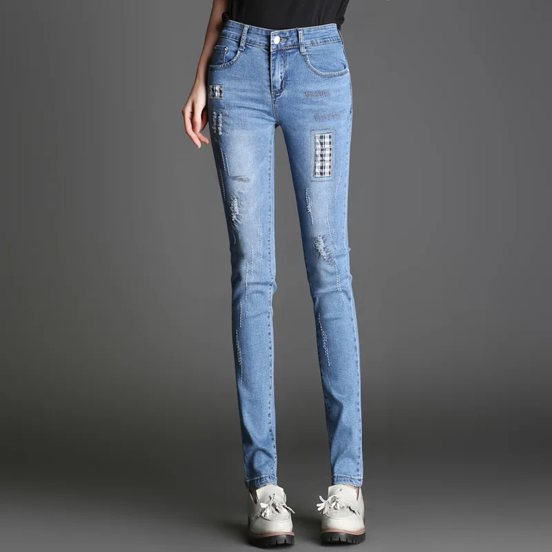 Женские джинсы, модные стильные ретро панковские брюки для женщин и девочек, Узкие рваные джинсовые брюки 1C301-308