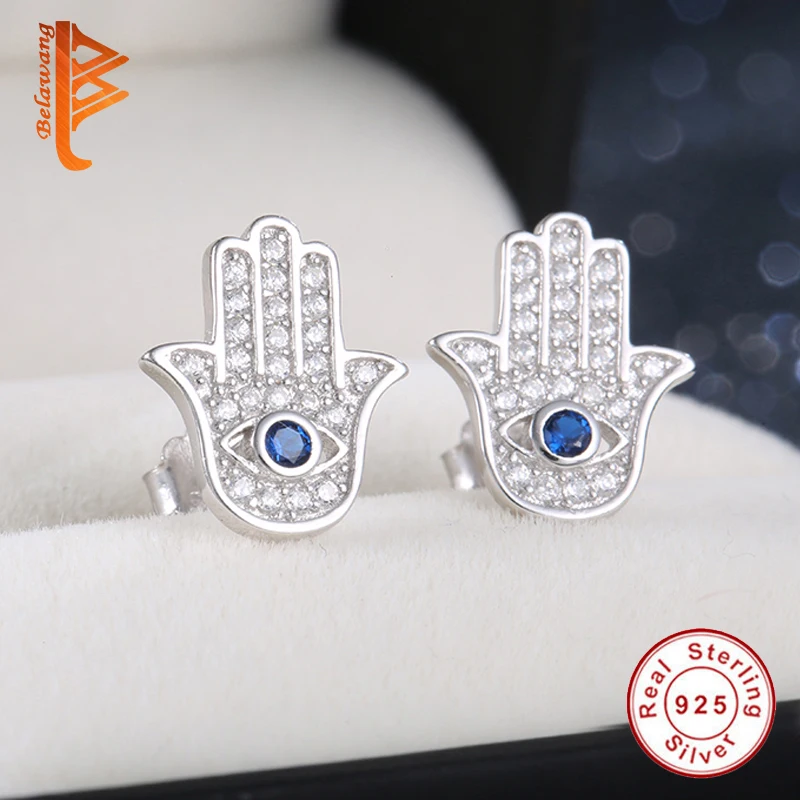 Original 925 Sterling Silver Blue Evil Eye Hamsa Hand Stud font b Earrings b font For