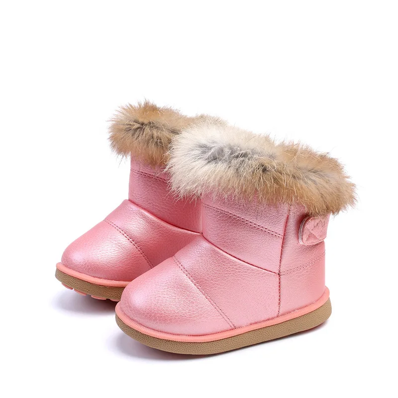 Зимние плюшевые ботинки для маленьких девочек; Теплая обувь из искусственной кожи на плоской подошве; обувь для малышей; уличные зимние ботинки; детская обувь для девочек - Цвет: pink