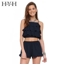 HYH Haoyihui Sweet Layered Ruffle Top Chiffon Blouse Sleeveless Vest Tank Top Women Crop Shirts Navy Blue Blouses Female Tee layered ruffle sleeve rib knit tee