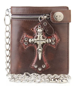 

Fashion Vintage Men Skull Cross Genuine Leather Wallets Short Slim Rivet Chains Card Holder Gift Purses Clutch Money Bags D469
