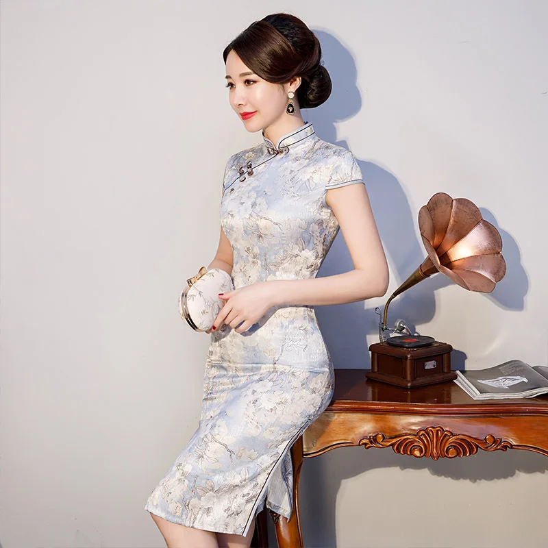 Летнее вискозное Женское Платье До Колена Qipao с цветочным принтом элегантное китайское вечернее винтажное тонкое Восточное плюс размерное Ципао