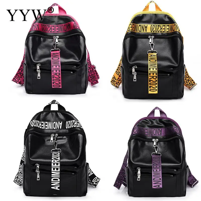 

Solid Color Fashion PU Leather Backpack Female Letter Printed Handle Backpacks for Adolescent Girls Women Small School Bag