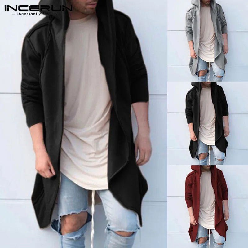 

INCERUN Mens Hoodies Sweatshirts Long Sleeve Autumn Cardigan Mantle Hoody Long Irregular Hem Men Hombre Solid Loose Hiphop Hoody