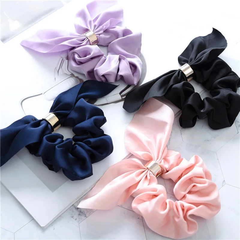 

Solid Bunny Ears Satin Scrunchies Stretchy Scrunchy Women Elastic Hair Bands Girls Metal Rubber Hair Ties Silky Hair Accessories