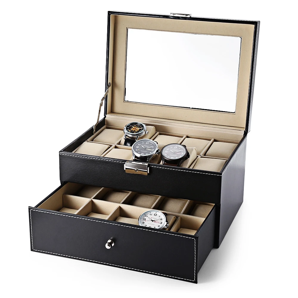Prix pour De luxe 20 Grille de Montre En Cuir Boîte à Bijoux Affichage Collection Cas Tiroir-style PU Montre Organisateur De Stockage Box Holder reloj caixa Prix pour De luxe 20 Grille de Montre En Cuir Boîte à Bijoux Affichage Collection Cas Tiroir-style PU Montre Organisateur De Stockage Box Holder reloj caixa
