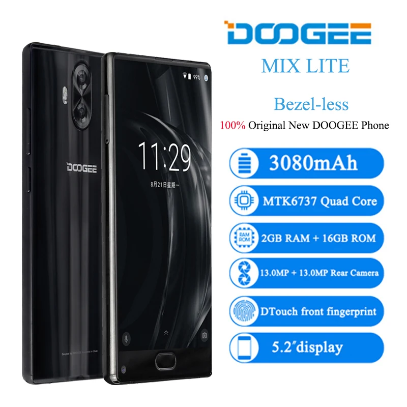DOOGEE Mix Lite 4G смартфон сенсорный Android 7,0 MTK6737 четырехъядерный 2G+ 16G 13MP отпечатков пальцев Celular 5,2 дюймов мобильный телефон 3080mAh