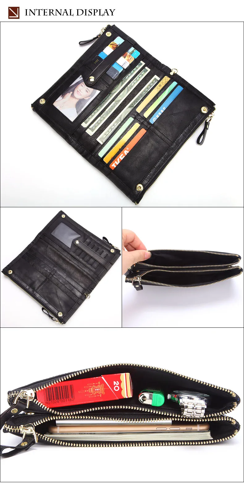 MISFITS Men brand Organizer wallets genuine leather double zipper clutch bag man cow leather Long purse Multi-function phone bag