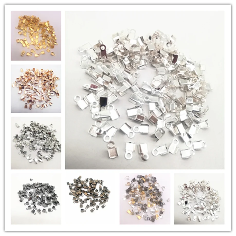 200Pcs 4x8/2x6mm Small Cord End Tip Fold Over Clasp Crimp Bead