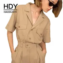 HDY Haoduoyi Solid Color Handsome Shirts Collar Multi-pocket Decorative Femme Neutral Tops Fashion Women Outwears