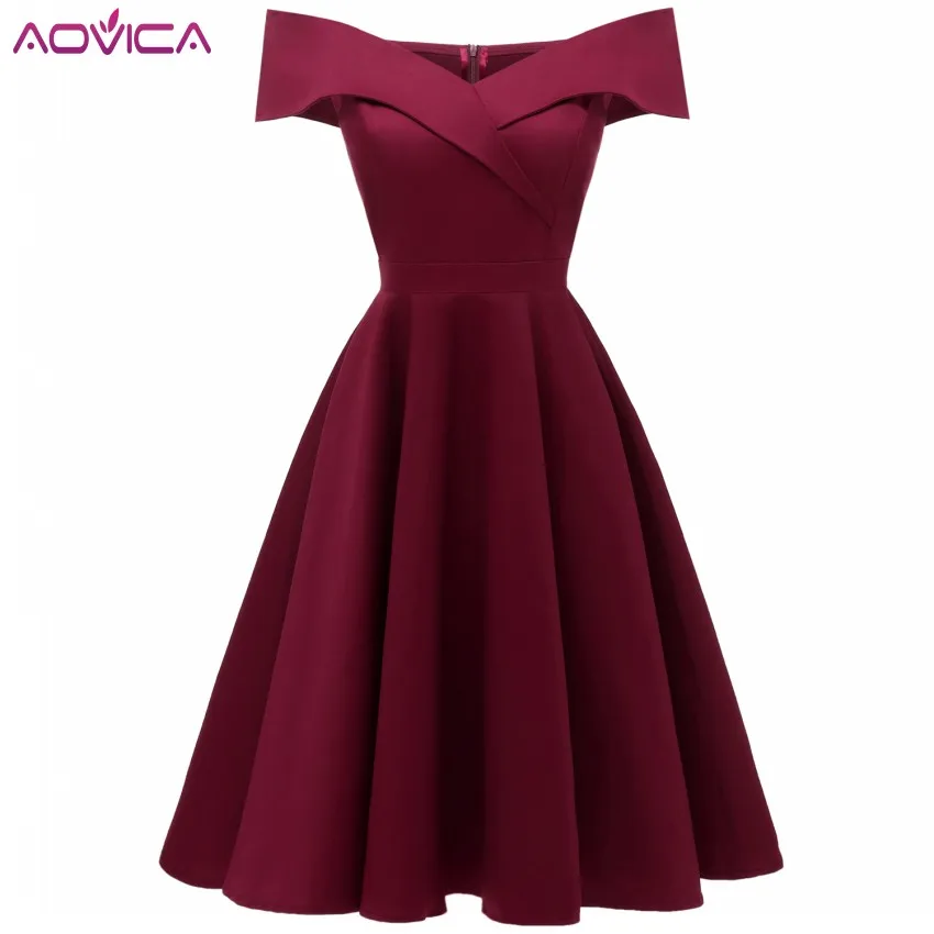 

Aovica Women Summer Off Shoulder V-Neck Retro Vintage 50s 60s Elegant Dress Sexy Rockabilly Party Dress Midi Vestidos