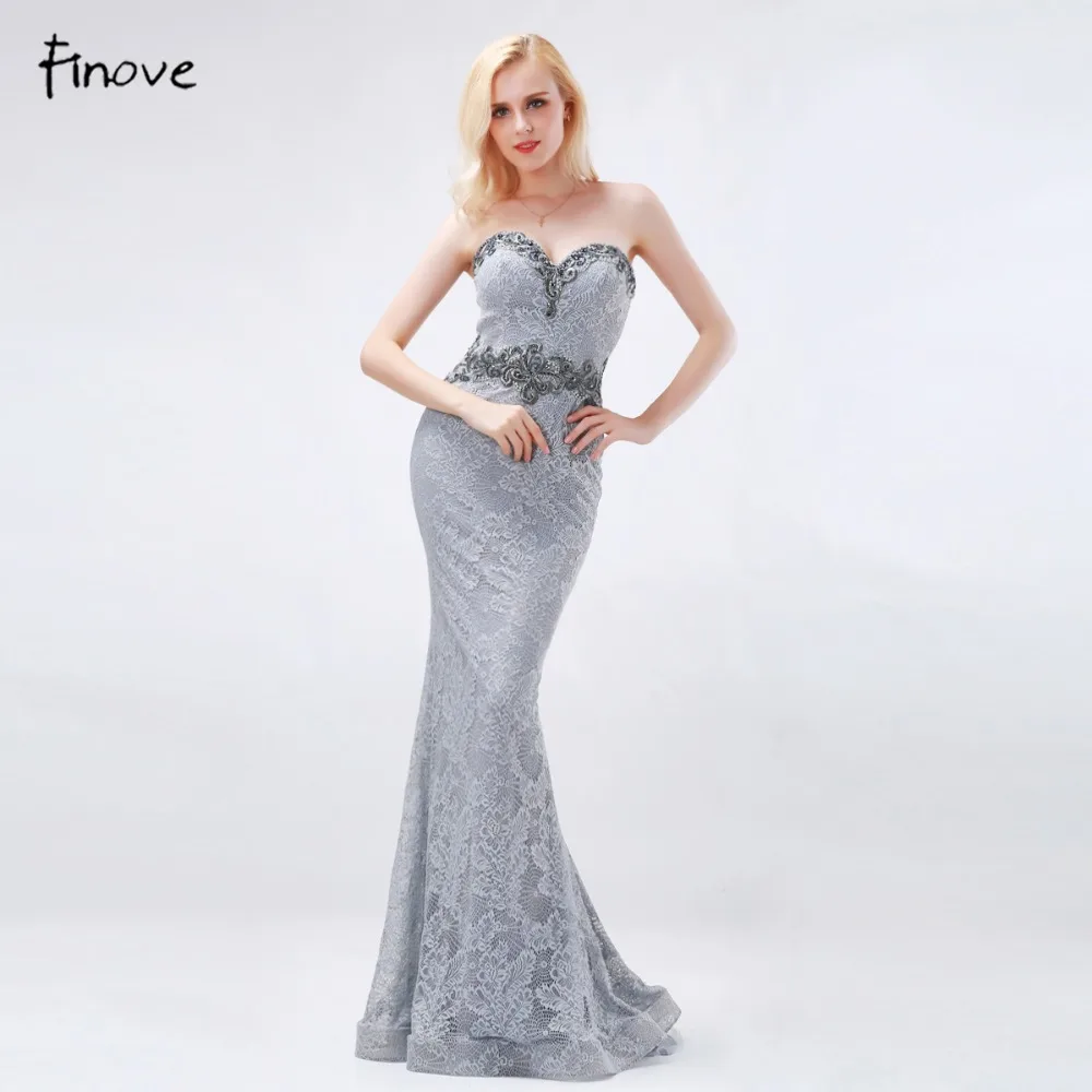 Finove Серые Вечерние платья русалки Длинные 2019 новые элегантные кружева с жемчугом