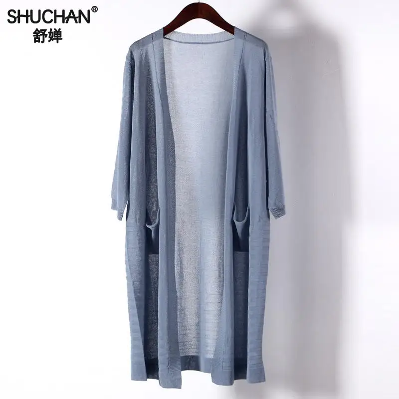 

Shuchan Linen Long Cardigan Women Summer Computer Knitted V-neck Solid Open Stitch Thin Tops 2019 Summer Tops White Blue