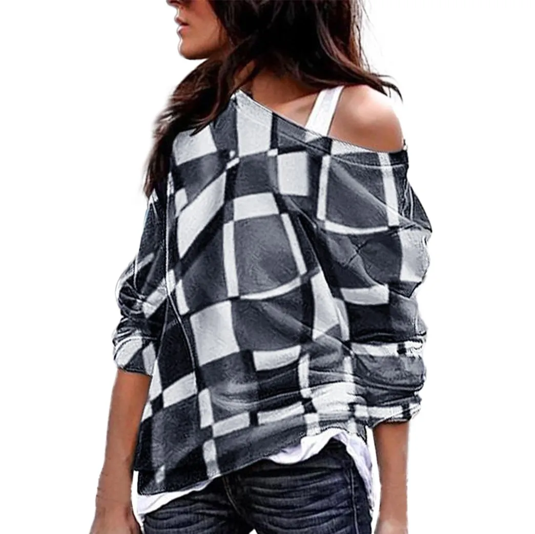 

Plus Size 5XL off Shoulder Blouse womens tops and blouses Women's Long Sleeve patchwork Tops Shirt blusas mujer femininas 7.3L2