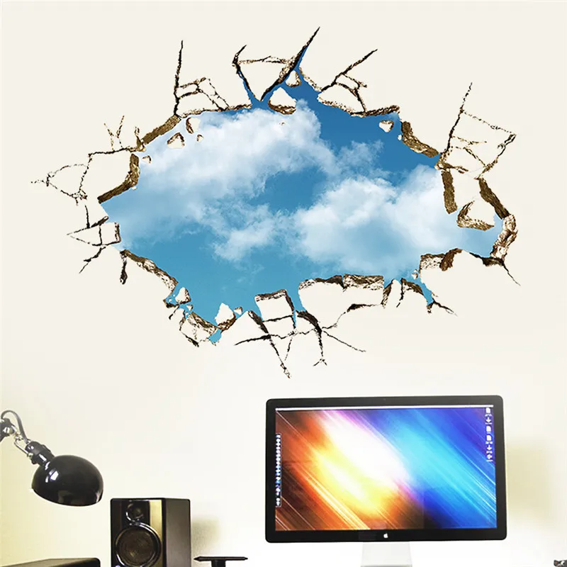 Through Wall 3d Blue Sky White Clouds Wall Stickers Removable