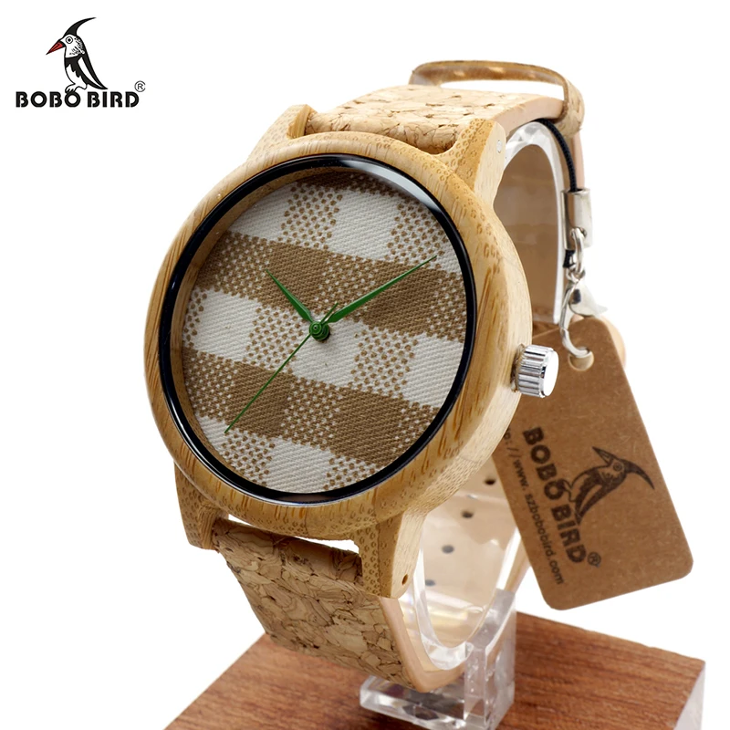 

BOBO BIRD V-A28 Check Gingham Dial Round Bamboo Watches Men's Women's Fashion Quartz Wristwatch with Soft Band zegarki damskie