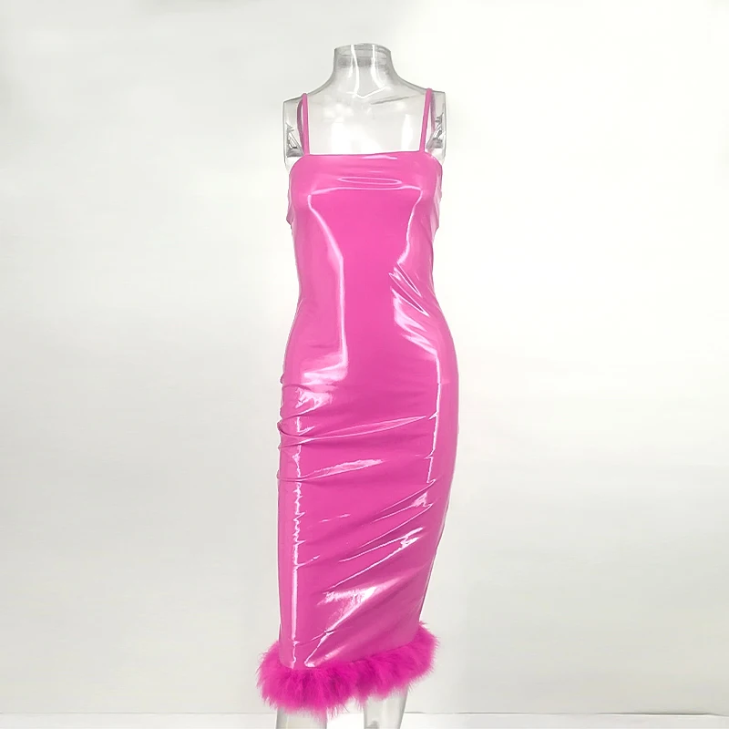 Slaygirl, облегающее платье с перьями, сексуальное, Осеннее, кожаное, женское платье, вечерние, на тонких бретельках, ПУ, розовое платье, новое, элегантное, Клубное, Vestido - Цвет: Розовый