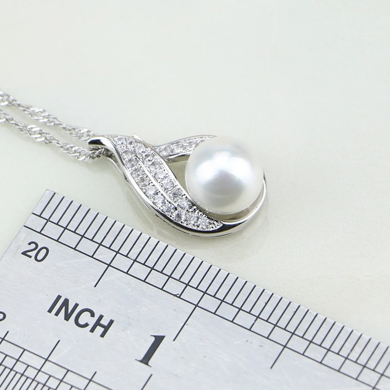 Fire 925 серебряные ювелирные изделия Белый Искусственный жемчуг кубический цирконий ювелирный набор подарок для женщин серьги/Кольцо/кулон/ожерелье цепь