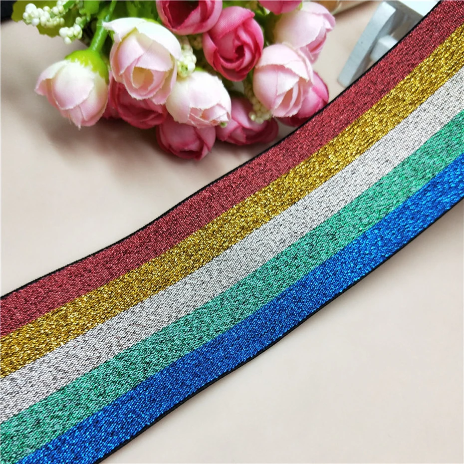50 Ярдов Блестящий Радужный цветной глиттер широкая эластичная лента 55 мм ширина декоративная цветная эластичная лента для шитья ручной работы