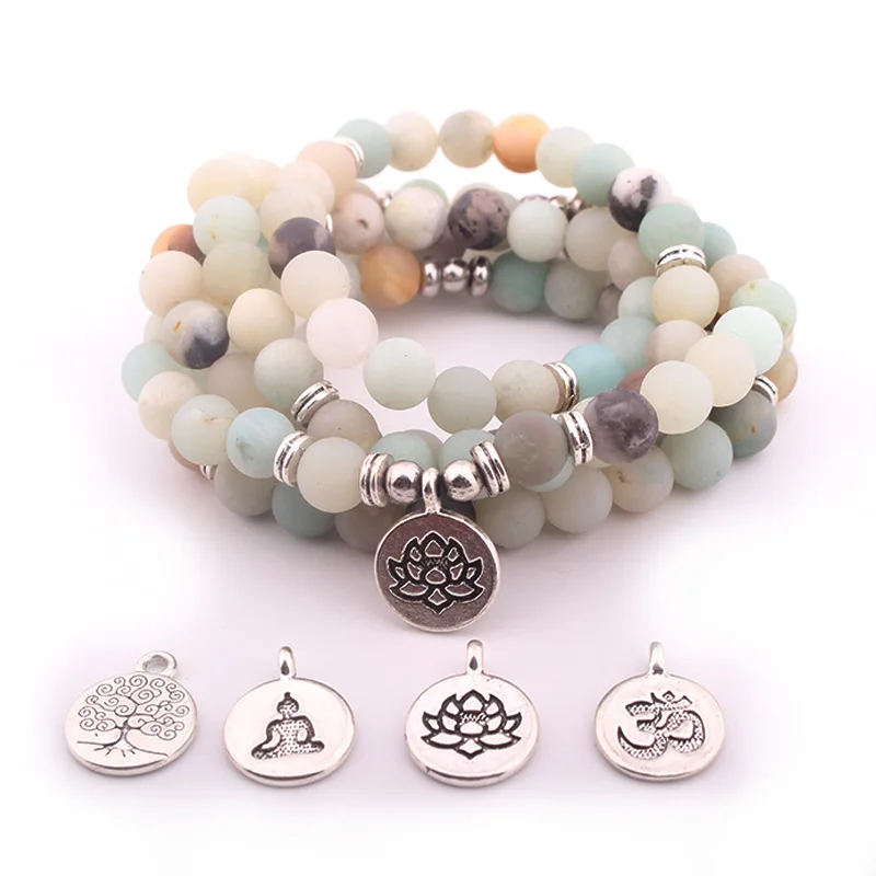 

Dropshipping Women`s Bracelet Frosted Amazonite Beads With Lotus OM Buddha Charm Yoga Bracelet 108 Mala Necklace Charm Bracelet