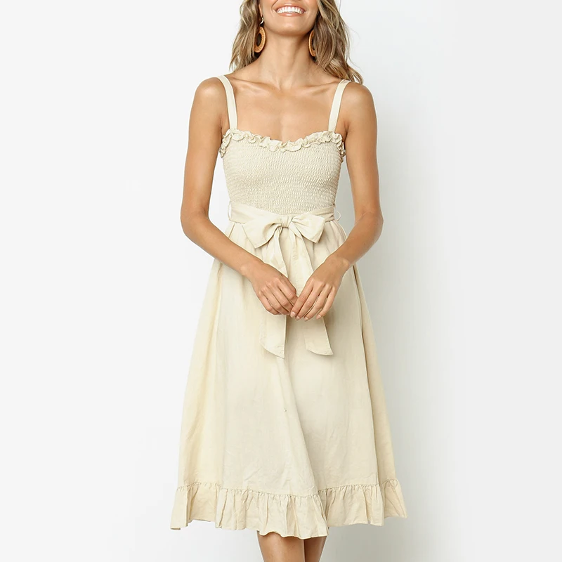 

NLW 2019 Summer Sexy Spaghetti Strap Midi Dress Girl Elegant High Waist Sashes Party Dress Women Vintage Elastic Long Dress