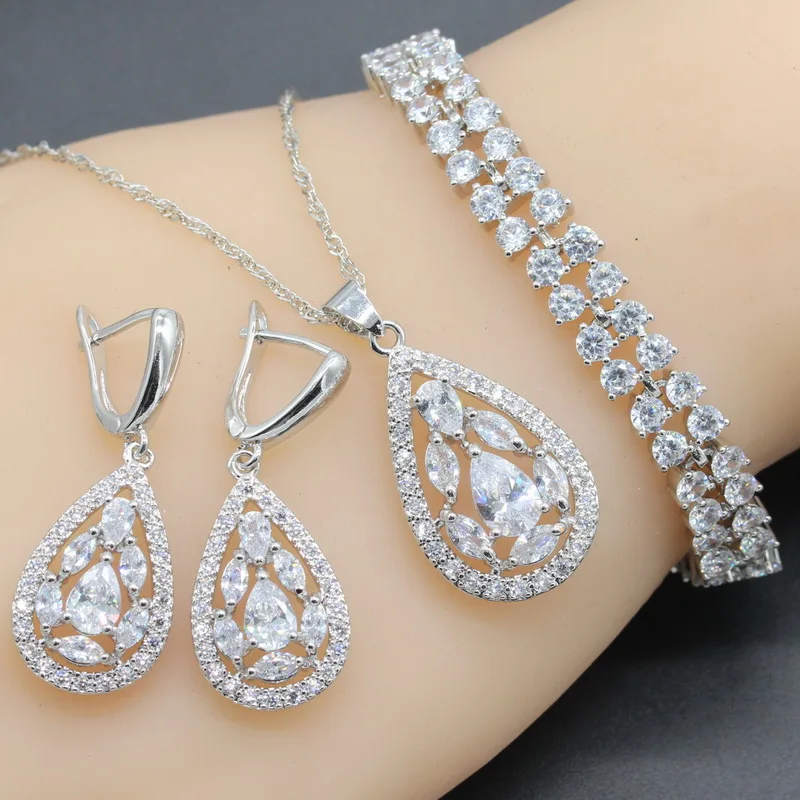 

Wholesale 925 Sterling Silver Jewelry Sets For Women White Crystal Wedding Necklace Sets For Bride Dangle Earrings Bracelet