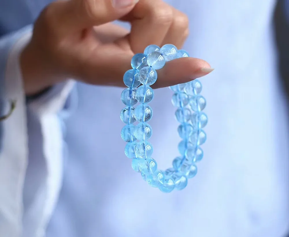 100% Natural Blue Topaz Crystal 10mm Round Beads Bracelet Women Man Stretch Round Big Beads Bangle Fashion AAAAAA Healing Stone (1)