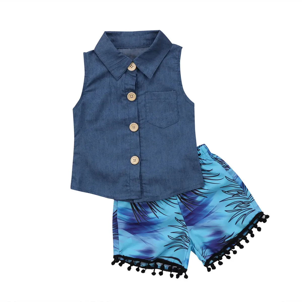 Toddler Baby Girl Denim Clothing suits Kids Tops Shirts+Tassel Short